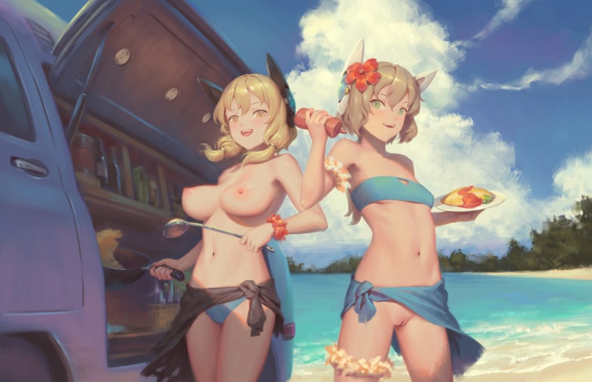 2girls :d antica_(bigrbear) beach bigrbear bikini bikini_top_only blonde_hair blue_bikini blue_sky blush breasts brown_hair car cloud commentary_request day flower food green_eyes hair_flower hair_ornament highres holding holding_ladle holding_plate ketchup ladle large_breasts looking_at_viewer motor_vehicle multiple_girls navel nipples ocean omelet omurice open_mouth original ostia_(bigrbear) outdoors plate pussy red_flower short_hair short_twintails sky small_breasts smile standing swimsuit topless twintails uncensored yellow_eyes