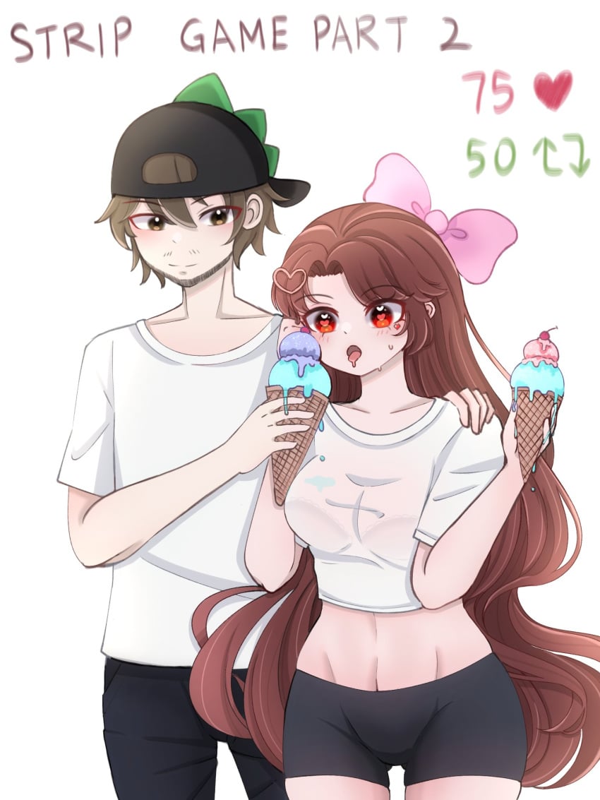 1boy 1girls alternate_version_available beard black_legwear black_yoga_pants blush bra_visible_through_clothes brown_eyes brown_hair cap cherry chibi_(chibipower) chibipower drooling heart-shaped_pupils heart_ornament heart_tattoo holding_shoulder ice_cream ice_cream_drip ice_cream_on_breasts kusakave kusakavede long_hair looking_at_food melting_ice_cream pink_ribbon red_eyes see-through strip_game sweat tongue_out virtual_youtuber vtuber white_shirt