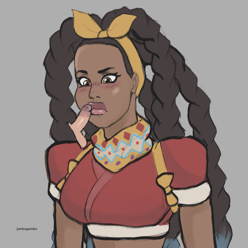 1girls blush capcom clothed clothed_female dark-skinned_female dark_hair dark_skin female jumbogumbo kimberly_jackson partial_male penis penis_on_lips small_penis street_fighter street_fighter_6 tagme tiny_penis