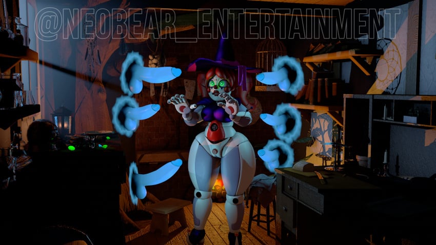 1female 1girls 3d 3d_(artwork) animatronic baby_(fnafsl) big_penis blue_penis blue_skin bottomless cinema4d circus_baby circus_baby_(fnaf) female five_nights_at_freddy's five_nights_at_freddy's:_sister_location genitals ghost_penis green_eyes neobear_entertainment neobear_entertainment_(artist) penis penis_out penis_size_difference portal pussy pussy_peek red_hair robot robot_girl thick_thighs topwear white_body white_skin witch witch_hat