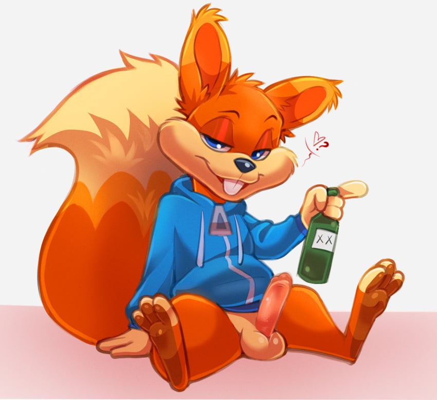 3_toes 4_fingers ? alcohol anthro balls barefoot bedroom_eyes beverage big_tail blue_clothing blue_eyes blue_hoodie blue_topwear bottle bottomless bottomless_anthro bottomless_male buckteeth clothed clothing conker conker's_bad_fur_day container digital_media_(artwork) drunk erection feet fluffy fluffy_tail fur genitals gesture heart hoodie hoodie_only male male_anthro male_only mammal narrowed_eyes orange_body orange_fur orange_tail penis pointing question_mark rareware rodent sciurid seductive short short_anthro short_male simple_background sitting smile smiling_at_viewer solo squirrel squirrel_tail substance_intoxication tail tan_balls tan_body tan_fur teeth toes topwear topwear_only tree_squirrel werewolfguts white_background zipper