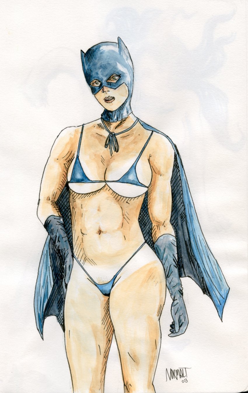 2023 2d alternate_costume animal_ears bare_legs barely_covered bat_ears batgirl batman_(series) bikini blue_clothing breasts cameltoe cape cleavage clothing color covered_nipples dated dc_comics eyelashes eyes fit_female front_view gloves glvoes la_mujer_murcielago large_breasts light-skinned_female light_skin long_eyelashes long_gloves looking_at_viewer luchador mask micro_bikini normalt open_eyes painting_(artwork) partially_clothed pinup plain_background pubic_stubble shaved_pussy skimpy solo standing superhero superheroine swimwear tanline traditional_media_(artwork) useless_clothing watercolor_(artwork) watermark white_background