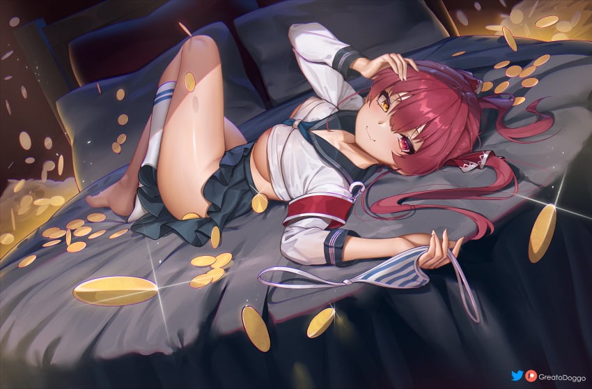 1girls bed breasts coin coins female greatodoggo heterochromia hololive hololive_fantasy hololive_japan houshou_marine large_breasts long_hair lying_on_back pareon red_eyes red_hair school_uniform schoolgirl smile thighs twintails twitter underboob virtual_youtuber yellow_eyes