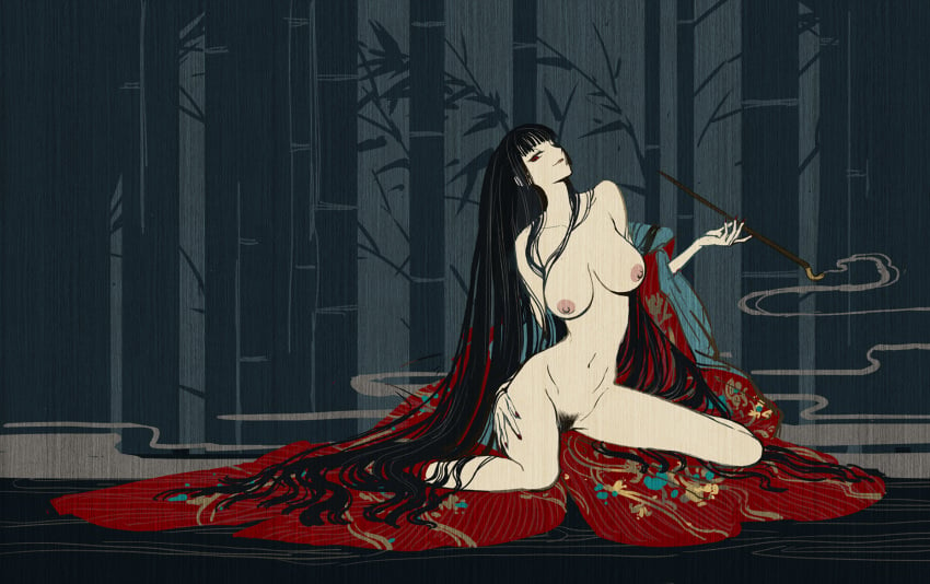 1girls big_breasts black_hair breasts clamp female_only hime_cut japanese_clothes kiseru long_black_hair long_hair nude_female pipe pubic_hair red_eyes smoking smoking_pipe tobacco underwear very_long_hair xxxholic yuuko_ichihara zhoujialin