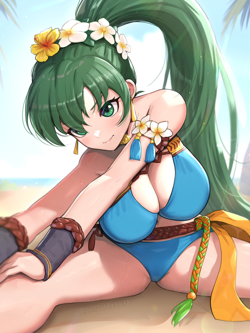 1girls absurdres alternate_costume beach belt bikini blue_bikini blue_swimsuit breasts cleavage earrings female female_only fire_emblem fire_emblem:_the_blazing_blade fire_emblem_heroes flower gonzarez green_eyes green_hair hair_flower hair_ornament highres jewelry large_breasts long_hair lyn_(fire_emblem) lyn_(summer)_(fire_emblem) nintendo ocean official_alternate_costume outdoors palm_tree ponytail revision solo split stretching swimsuit thighs tree very_long_hair yellow_flower