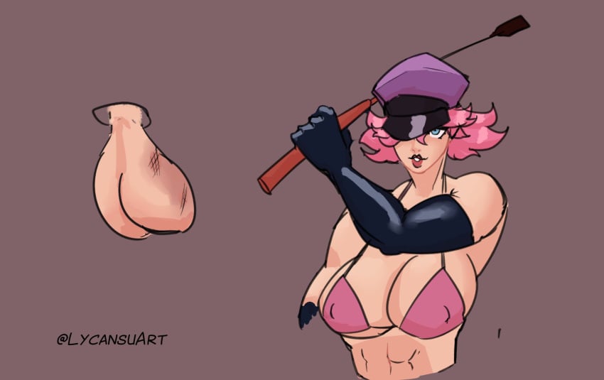 armwear ballbusting big_breasts breasts cbt femdom final_fight hat lycansuart pink_hair poison_(final_fight) riding_crop street_fighter