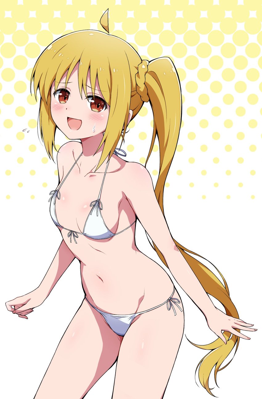 bikini blonde_hair blush blush_sticker bocchi_the_rock! eggman_(pixiv28975023) embarrassed ijichi_nijika looking_at_viewer simple_background small_breasts smile solo sweatdrop worried_expression yellow_theme