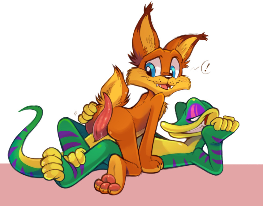 ! 2boys animal_genitalia animal_penis anthro ass barefoot blue_eyes bobcat brown_body brown_fur bubsy_(series) bubsy_bobcat butt_grab crossover digital_media_(artwork) duo exclamation_point feet felid feline fluffy fluffy_tail fur gecko genital_slit genitals gex_(series) gex_the_gecko green_body green_scales hand_on_butt imminent_anal imminent_sex kneeling lizard looking_at_genitalia looking_at_penis looking_back lying lynx male male_anthro male_only mammal naughty_face nude nude_anthro nude_male on_back open_mouth pawpads paws penis red_penis reptile reptile_tail scales scalie short short_anthro short_male simple_background slit smile smirk striped_body stripes tail tapering_penis teeth video_games werewolfguts white_background yellow_body yellow_scales