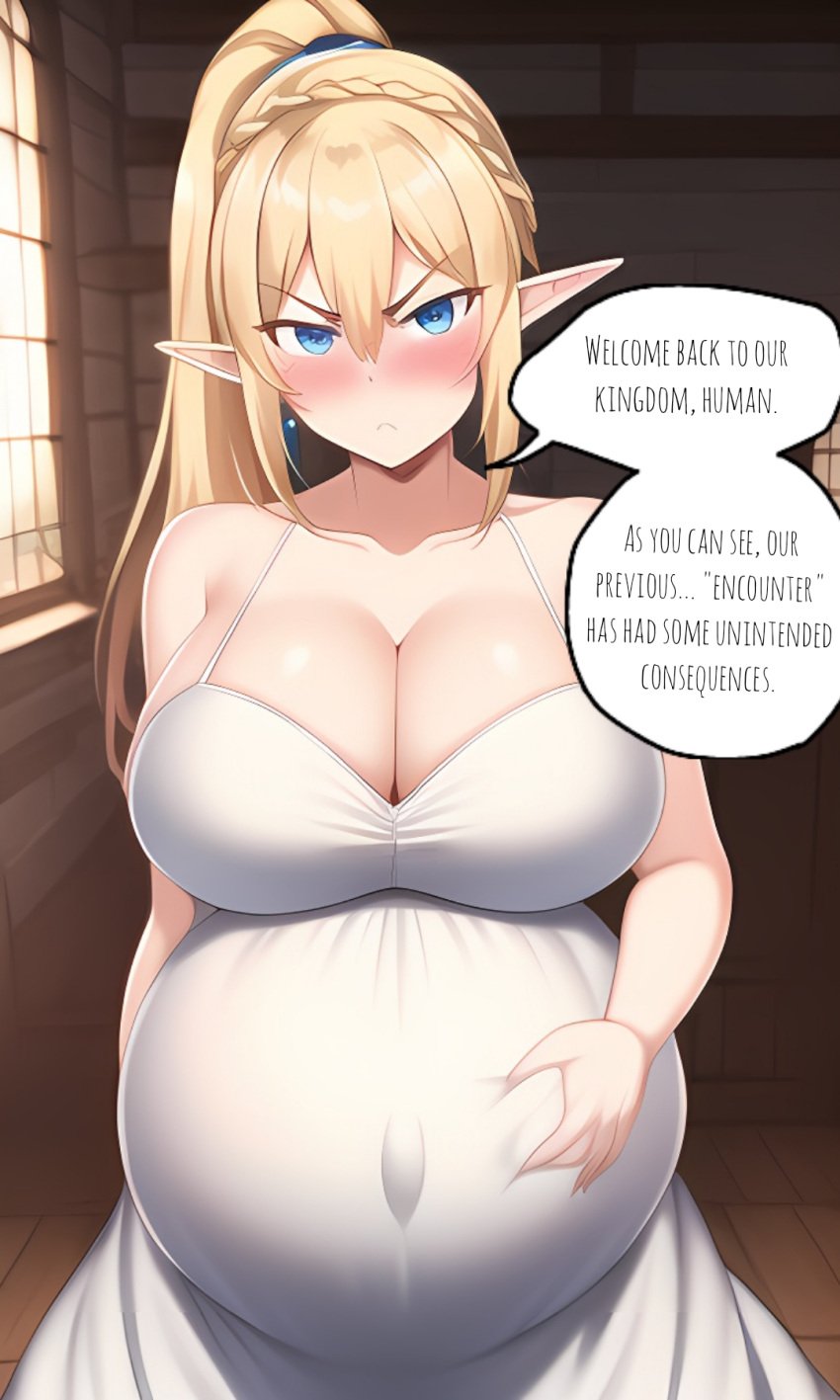 ai_generated angry annoyed belly blonde_hair blue_eyes castle elf elf_female elf_girl french_braid indoors ithetlel_(xdk141) large_breasts novelai ponytail pregnant princess speech_bubble up_close white_dress xdk141