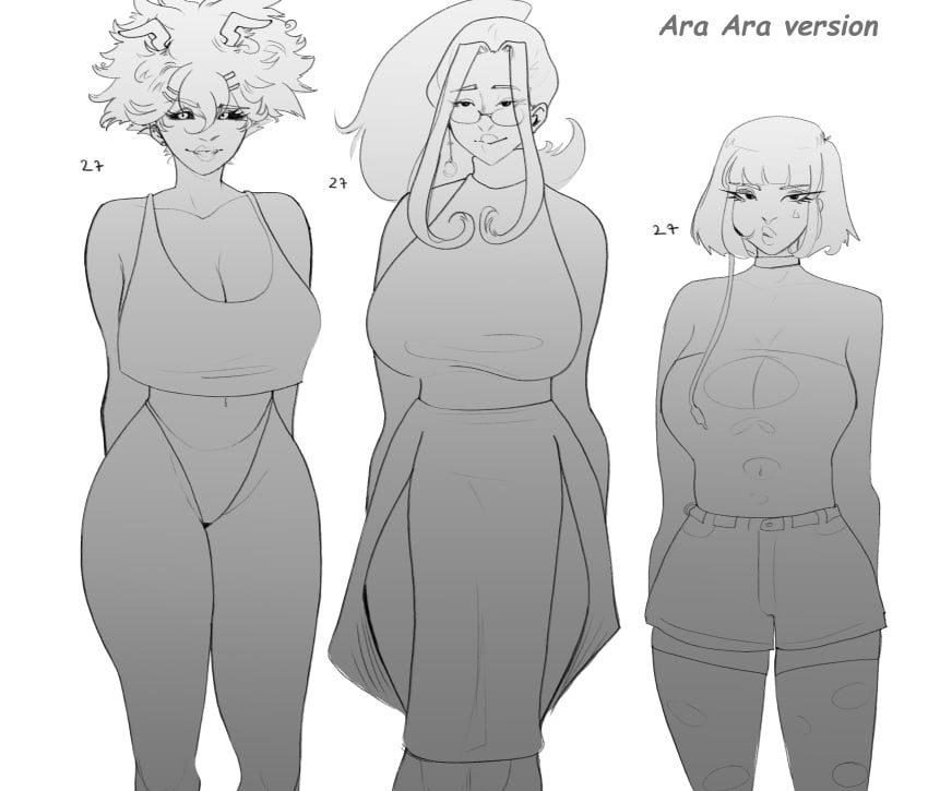 3girls 3milfs aged_up ara_ara artist_request bell_haircut big_breasts busty curly_hair curly_hair_female female_only kyoka_jiro long_hair milf milfs mina_ashido momo_yaoyorozu multiple_girls my_hero_academia short_hair short_hair_female source_request thick_thighs tied_hair