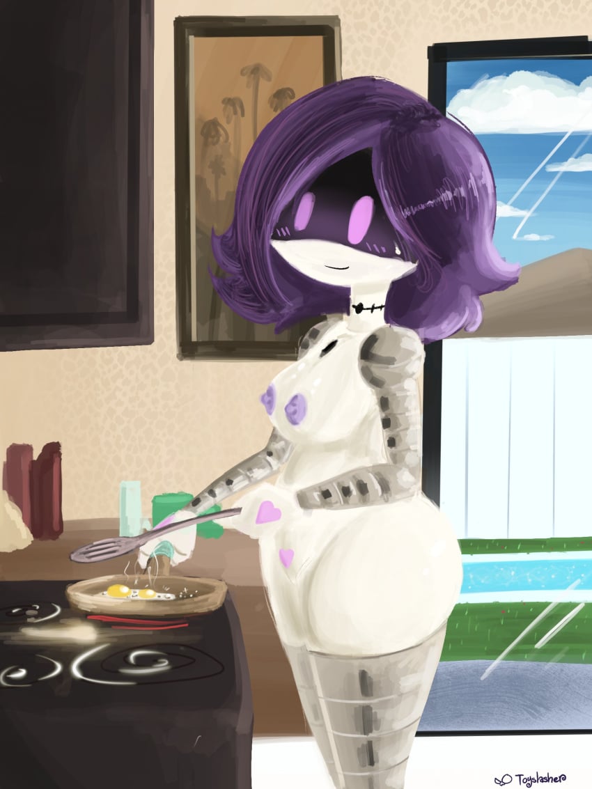 1girls 2023 2d big_butt blush breakfast breasts casual casual_nudity cooking egg eggs female female_only glitch_productions humanoid kitchen looking_at_viewer morning murder_drones naked naked_female nude nude_female purple_eyes purple_hair pussy robot robot_girl robot_humanoid screen_face smile smiling smiling_at_viewer solo solo_female thick_ass thick_thighs toyslasher uzi_(murder_drones)