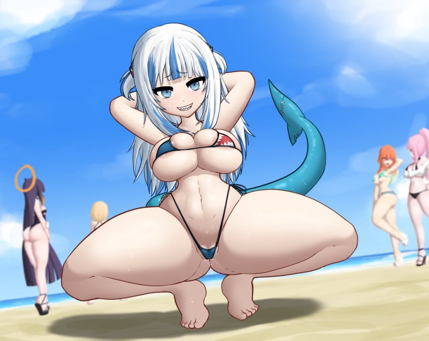 animal_humanoid ass ass_visible_through_thighs barely_visible_genitalia barely_visible_pussy beach big_breasts big_butt bikini bikini_thong blue_eyes blue_hair blush bodily_fluids breasts cleavage clothed clothes clothing commentary_request curvy curvy_female curvy_figure eyelashes female female_only fish fish_humanoid fish_tail gawr_gura genital_fluids genitals hair hi_res hololive hololive_english hololive_myth humanoid light-skinned_female looking_at_viewer marine marine_humanoid mori_calliope ninomae_ina'nis pussy pussy_juice seaside seductive shark_humanoid sharp_teeth smile smiling sweat sweatdrop swimwear takanashi_kiara thick_thighs thighs virtual_youtuber voluptuous vtuber watson_amelia wet white_hair xelsword