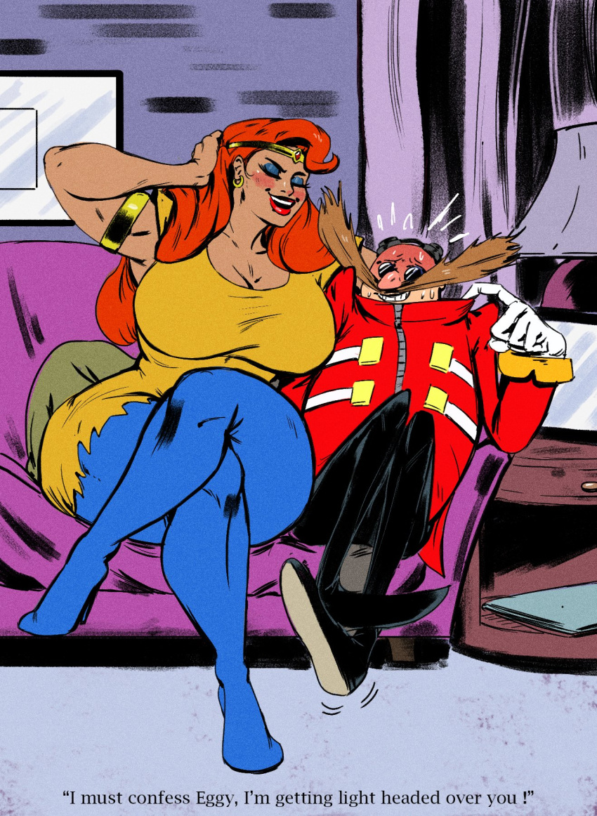 1female 1male big_ass big_breasts blush cleavage dialog dr._eggman dr_robotnik flirting huge_breasts katella katella_the_huntress large_breasts male nervous nervous_smile pants red_hair redblacktac shirt sitting size_difference sonic_(series) sonic_the_hedgehog_(series) sweaty thick_thighs wide_hips