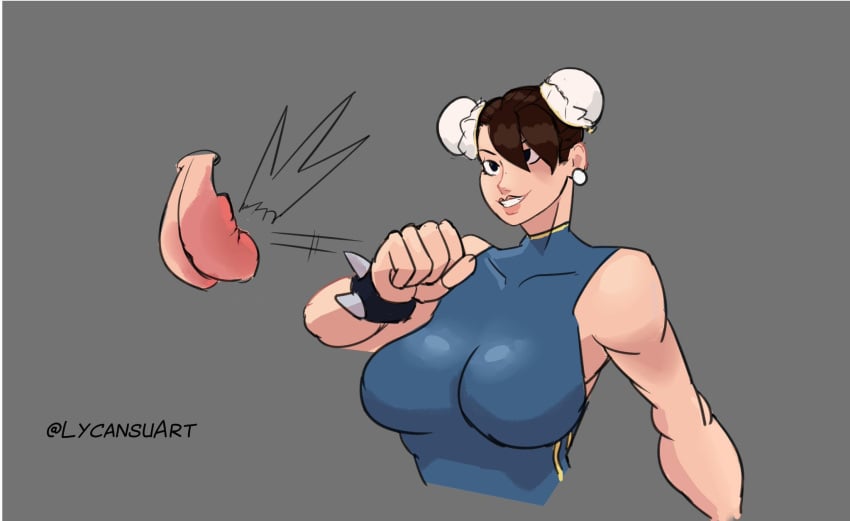 ballbusting big_breasts black_eyes black_hair breasts cbt chun-li femdom lycansuart punch punching_bag punching_balls simple_background street_fighter