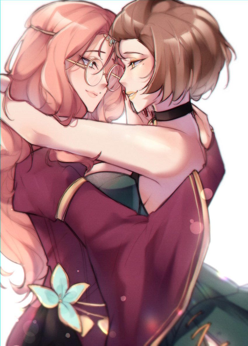 2girls bare_shoulders beauty_mark better_version_at_source breasts brown_eyes brown_hair choker cornelia_arnim exposed_back eye_shadow female female_only fire_emblem fire_emblem:_three_houses fire_emblem_heroes fully_clothed glasses hugging light-skinned_female light_skin lipstick looking_at_another loving_couple loving_gaze manuela_casagranda mature_female mature_woman mole mole_above_mouth mole_under_eye nams_(nams_schmellows) nintendo orange_hair orange_lipstick smile touching_lip upper_body yuri