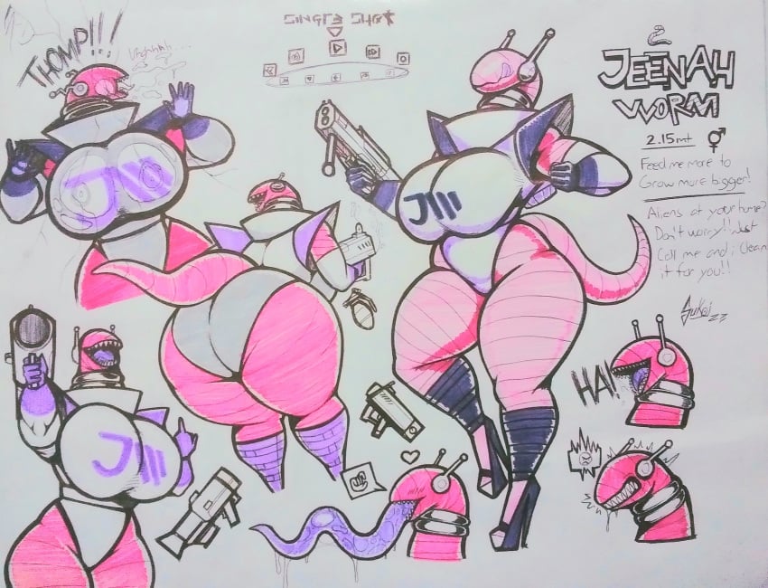 absurd_res alien_girl alien_humanoid angry_face anthro asexual ass_focus big_ass big_breasts big_butt big_woman bisexual_(female) character_sheet collar dancing different_angles dumb_face earphones earthworm_jim expressions expressive eyeless eyeless_female funny guns hi_res jeenah_worm_(sukoi) long_tongue looking_at_viewer middle_finger no_eyes original original_character parody parody_porn pink_body purple_boots purple_gloves purple_shoulderpads purple_tongue reference reference_sheet retro retro_artstyle sharp_fangs sharp_teeth shiny_skin silver_collar smiling space sukoi_(artist) taunting traditional_art traditional_media_(artwork) visible_nipples weird_head white_background white_clothes white_suit worm worm_character worm_humanoid