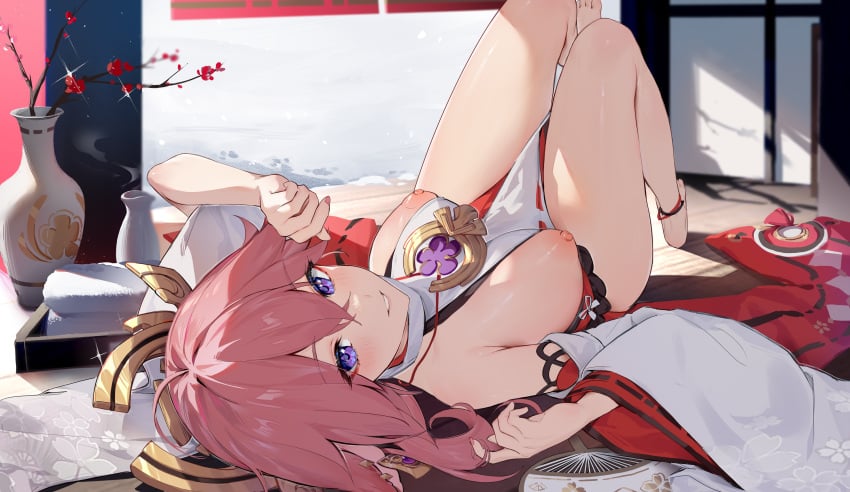 1girls animal_ears anklet bare_legs bare_shoulders barefoot between_breasts blush breasts breasts_apart breasts_out female fox_ears full_body genshin_impact houkiboshi_(mmjw7432) japanese_clothes large_breasts legs lying nail_polish nipples nontraditional_miko on_back on_floor pelvic_curtain pink_hair pink_nails purple_eyes sideboob solo thighs wide_sleeves yae_miko