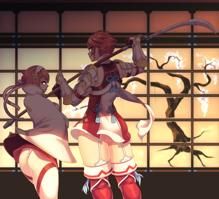 2girls ass back_view bare_arms bare_thighs big_ass boots elbow_gloves female fire_emblem fire_emblem_fates garter_straps gloves hinoka_(fire_emblem) indoors inner_thighs looking_back multiple_girls muscular muscular_female naginata nintendo no_panties panties red_eyes red_hair sakura_(fire_emblem) scarf seios short_hair smile thick_thighs thigh_boots thighhighs thighs toned toned_female tree underwear upskirt very_short_hair weapon white_panties