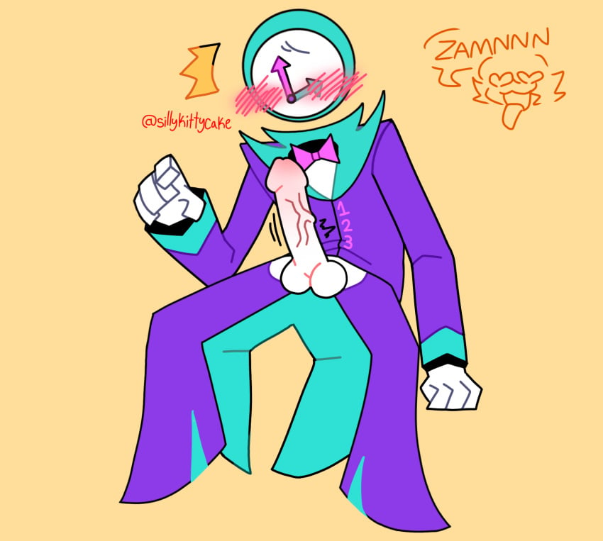 bezel_(chikn_nuggit) blush blush_lines blushing_male boner bowtie chikn_nuggit clock clothed clothing erect_penis erection flushed_face flustered full_body fully_clothed heels humanoid humanoid_penis ibispaintx male male_only non_human object_head only_male peach_background penis penis_out pink_bowtie pink_tip purple_suit self_upload simple_background sitting sitting_down solo solo_male suit tuxedo white_body