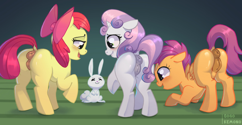 3girls absurd_res anatomically_correct anatomically_correct_genitalia anatomically_correct_pussy angel_(mlp) apple_bloom_(mlp) blush cub equid equine female friendship_is_magic furry genitals gogokemono group hasbro hi_res horse lagomorph leporid mammal my_little_pony naughty_smile ponut pony pussy rabbit rear_view scootaloo_(mlp) sweetie_belle_(mlp) young