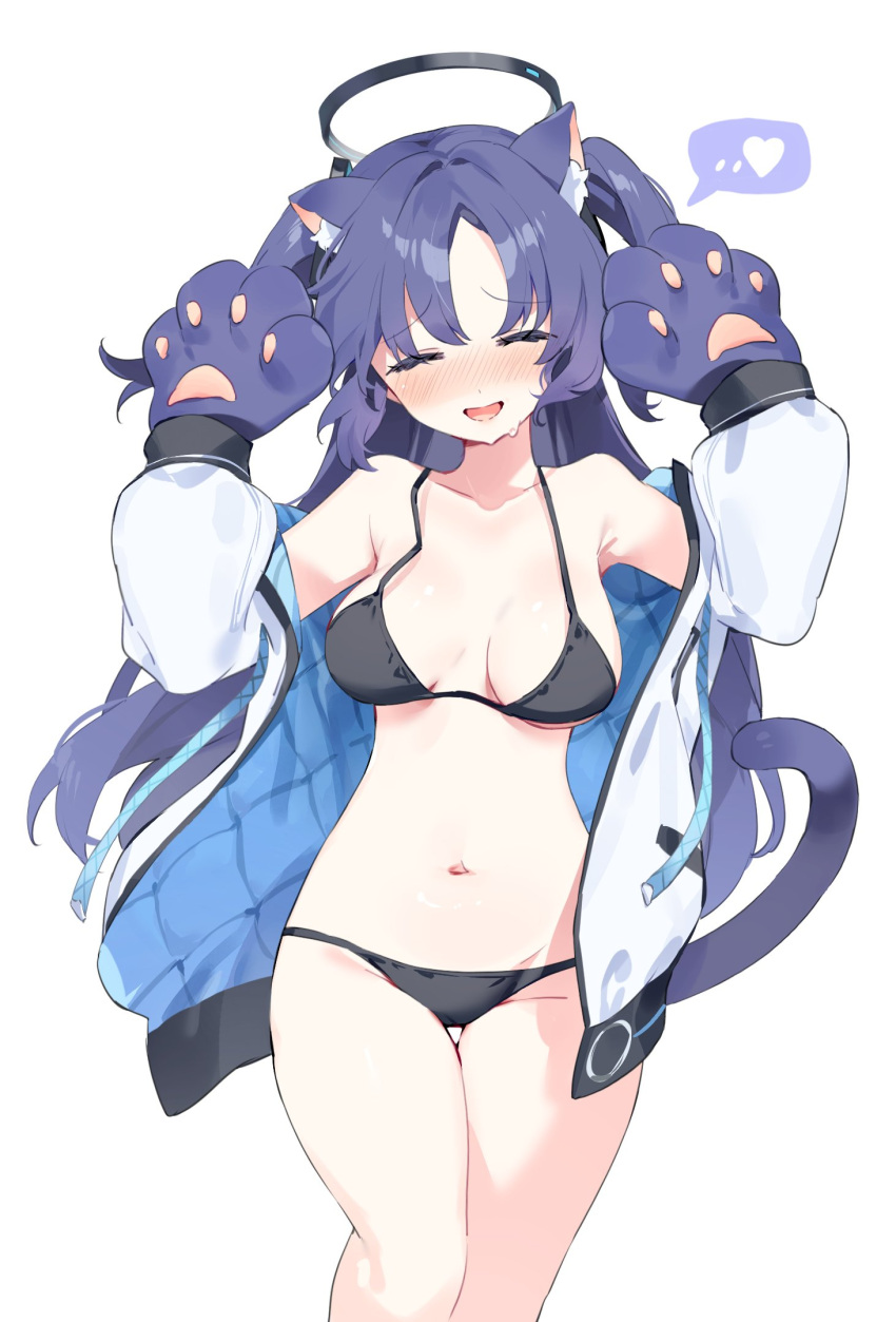 artist_request bikini blue_archive cat_ears cat_tail closed_eyes loose_bikini medium_breasts millennium_science_school_student open_jacket seminar_(blue_archive) smile spoken_heart sweatdrop tagme_(artist) yuuka_(blue_archive)