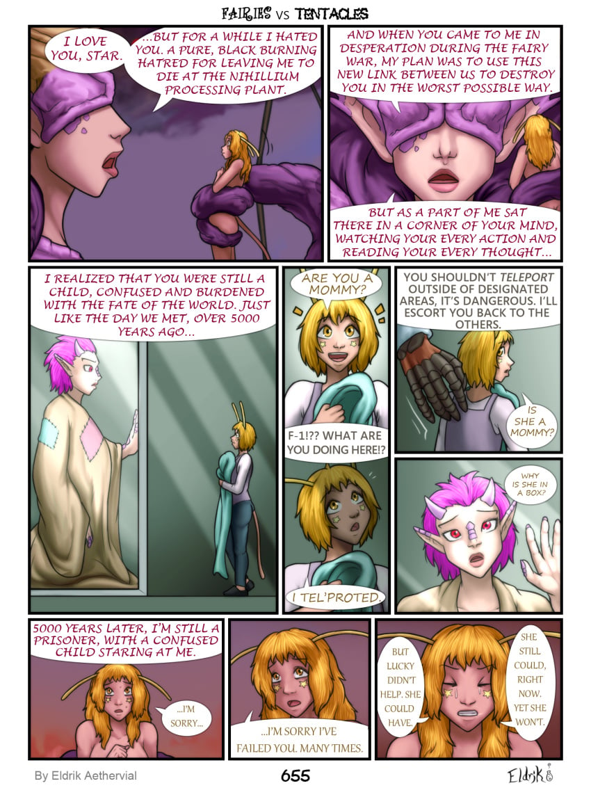 antennae chapter_12 cheek_markings comic eldrik_aethervial english_text fairies_vs_tentacles monolith_(fvt) monster_girl nude page_655 restrained scared scared_expression star_(fvt) tail tentacle yellow_eyes yellow_hair