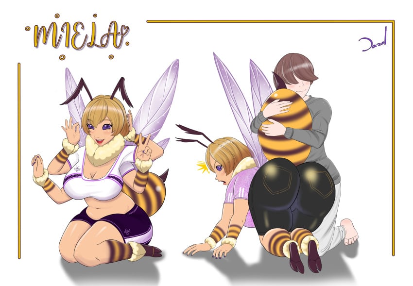 1boy1girl antennae ass_focus bee_girl big_breasts dazol huge_ass huge_breasts hugging humanoid insect_girl insect_wings light-skinned_female light_skin miela_honeywood multi_arm multi_limb original_character plump short_hair shorts sports_bra sportswear tagme