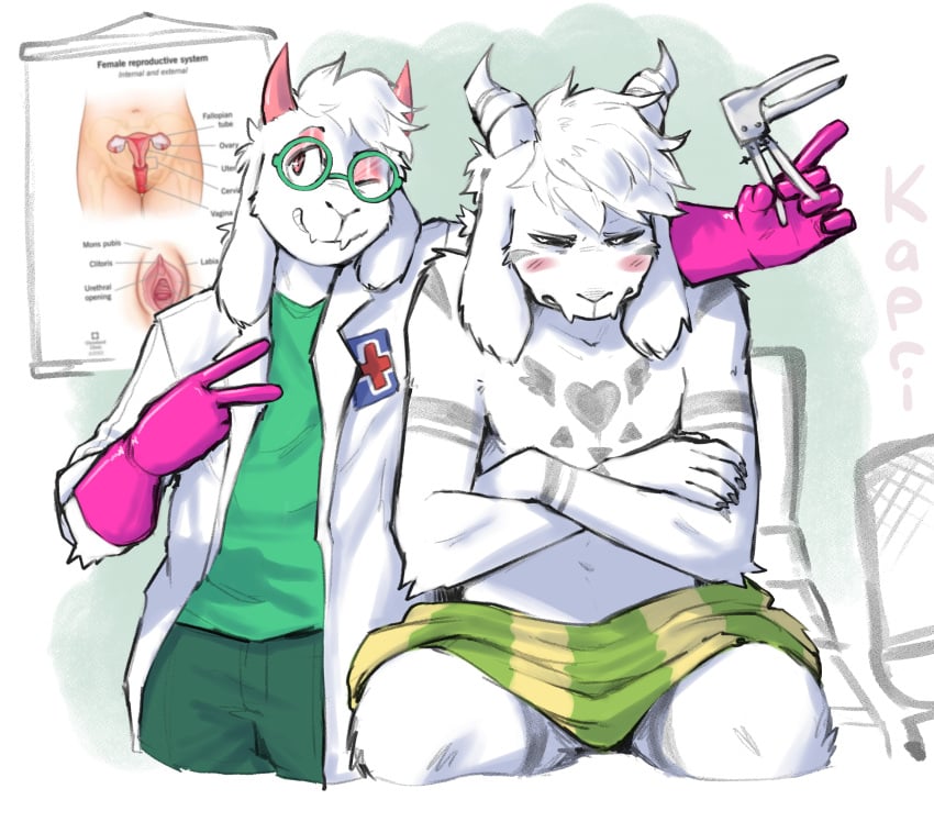 + 5_fingers asriel_dreemurr_(god_form) bovid caprine castration deltarune doctor flushed flushed_face glasses gloves goat hi_res horns kapri kapri_(kapri) mammal meme pink_gloves ralsei rubber_gloves speculum undertale undertale_(series)