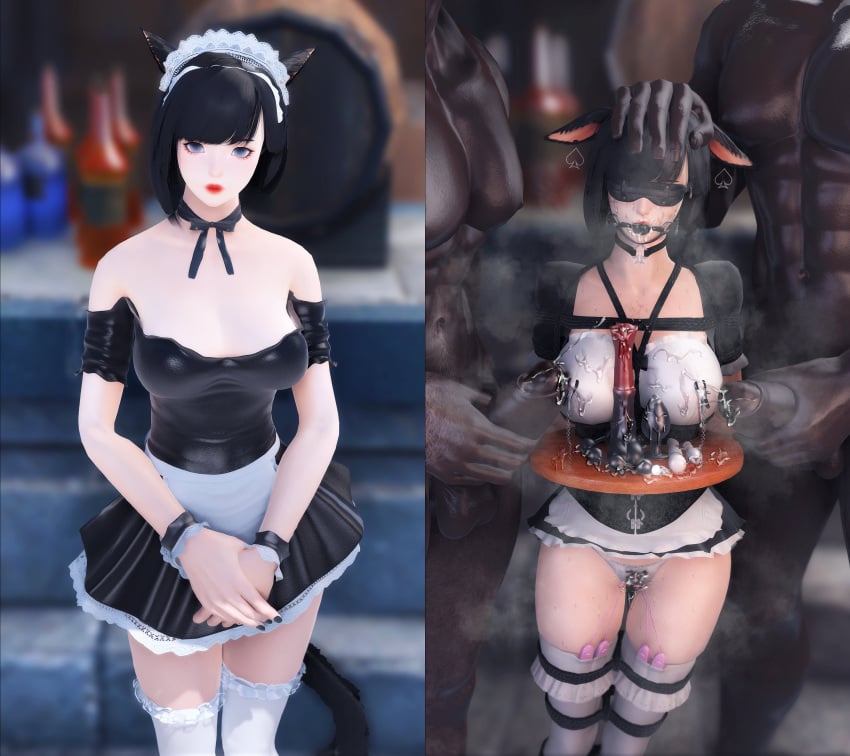 2koma after_rape ball_gag before_and_after blindfold blindfolded bondage breast_rub buttplug buttpug_on_tray cat_ears catgirl choker collar cum cum_on_body cum_on_breasts dark-skinned_male degrading_accessory dildo_on_tray final_fantasy final_fantasy_xiv fucked_into_submission fucked_silly gagged gpose(ffxiv) hand_on_head horsecock horsecock_dildo instant_loss maid maid_headdress maid_outfit maid_uniform miqo'te pale-skinned_female panties pussy_juice qos queen_of_spades queen_of_spades_symbol serving_tray sex_slave sex_toy slave spade_earrings stroking_penis surrounded tagme tray turned_submissive uniform vibrator vibrator_in_pussy vibrator_under_clothes waiter_tray yuunaffnsfw