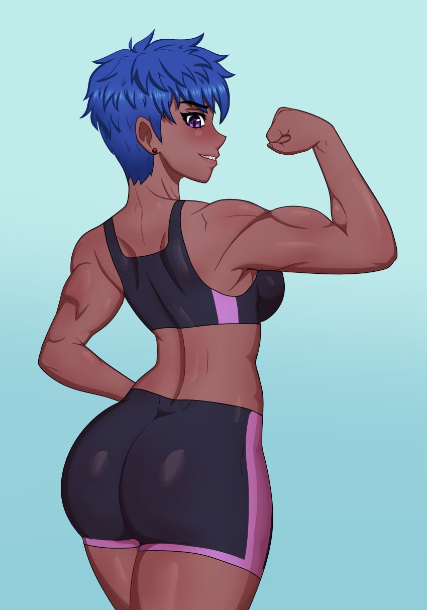 1girls absurd_res ass blue_hair borrowed_character dark-skinned_female dark_skin female female_only fit fit_female flexing_bicep looking_at_viewer looking_back looking_back_at_viewer ludinsketches original original_character pokemon pokemon_sv purple_eyes rear_view short_hair smiling smiling_at_viewer solo sportswear tomboy zoraida_(nyantcha)