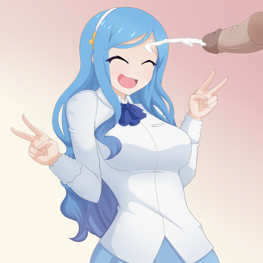 blue_eyes blue_hair breasts bukkake himouto!_umaru-chan nude peace_sign santystuff smile tachibana_sylphynford