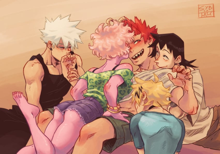 1girls 4boys ashido_mina baku_squad bakugou_katsuki barefoot bisexual boku_no_hero_academia denki_kaminari eijirou_kirishima female hanta_sero kaminari_denki katsuki_bakugou kirishima_eijirou kissing lying_on_person male mina_ashido multiple_boys my_hero_academia on_lap pink_body pink_hair pink_skin red_eyes red_hair sero_hanta sharp_teeth short_shorts shorts spiky_hair syblatortue yellow_hair