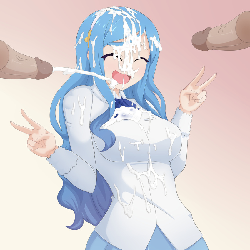 blue_eyes blue_hair breasts bukkake himouto!_umaru-chan nude peace_sign santystuff smile tachibana_sylphynford