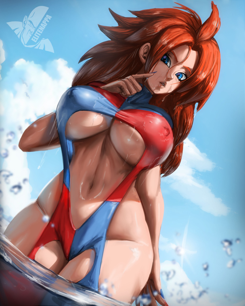 android_21 android_21_(human) bikini blue_eyes dragon_ball dragon_ball_fighterz dragon_ball_z elitenappa hips in_water large_breasts long_hair looking_at_viewer nipples_visible_through_clothing red_hair sling_bikini thighs toned undergoing vomi_(dragon_ball) water wet