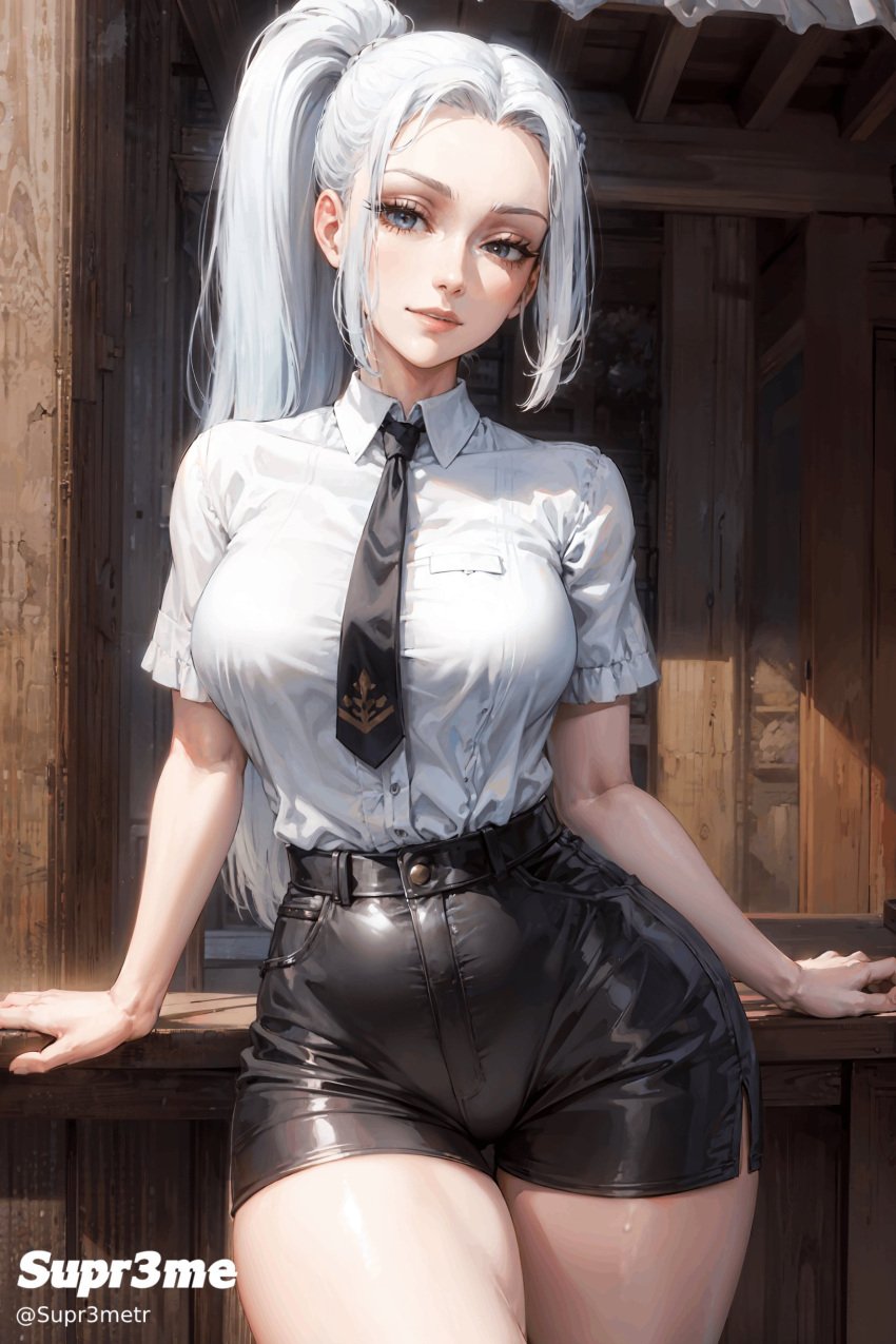 ai_generated big_breasts black_shorts blue_eyes curvaceous curvy curvy_body curvy_female curvy_figure female female_only formal jujutsu_kaisen long_hair looking_at_viewer mature_female mei_mei_(jujutsu_kaisen) milf ponytail skin_tight_shorts solo supr3metr thick_thighs thighs white_hair white_shirt wide_hips