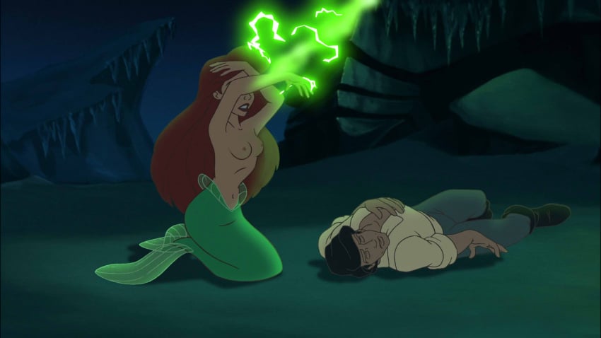 1boy 1girls ariel arielfan14 black_hair breasts completely_nude disney disney_princess edit mermaid midriff nipples nude nude_female prince_eric red_hair screenshot_edit the_little_mermaid