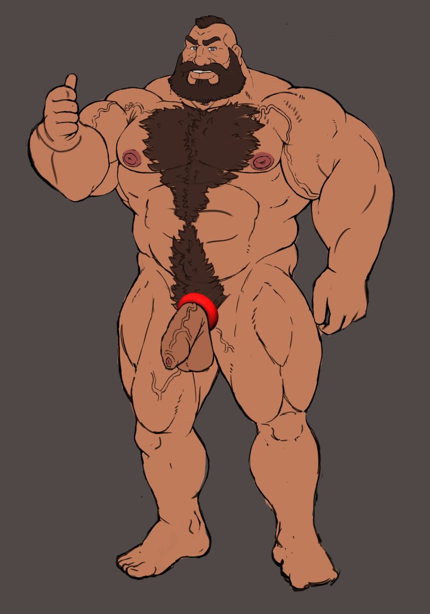 balls bara beard capcom chest_hair cock_ring elchunkerino facial_hair flaccid male male_only muscles muscular nude penis scars scars_all_over solo solo_male street_fighter thumbs_up zangief