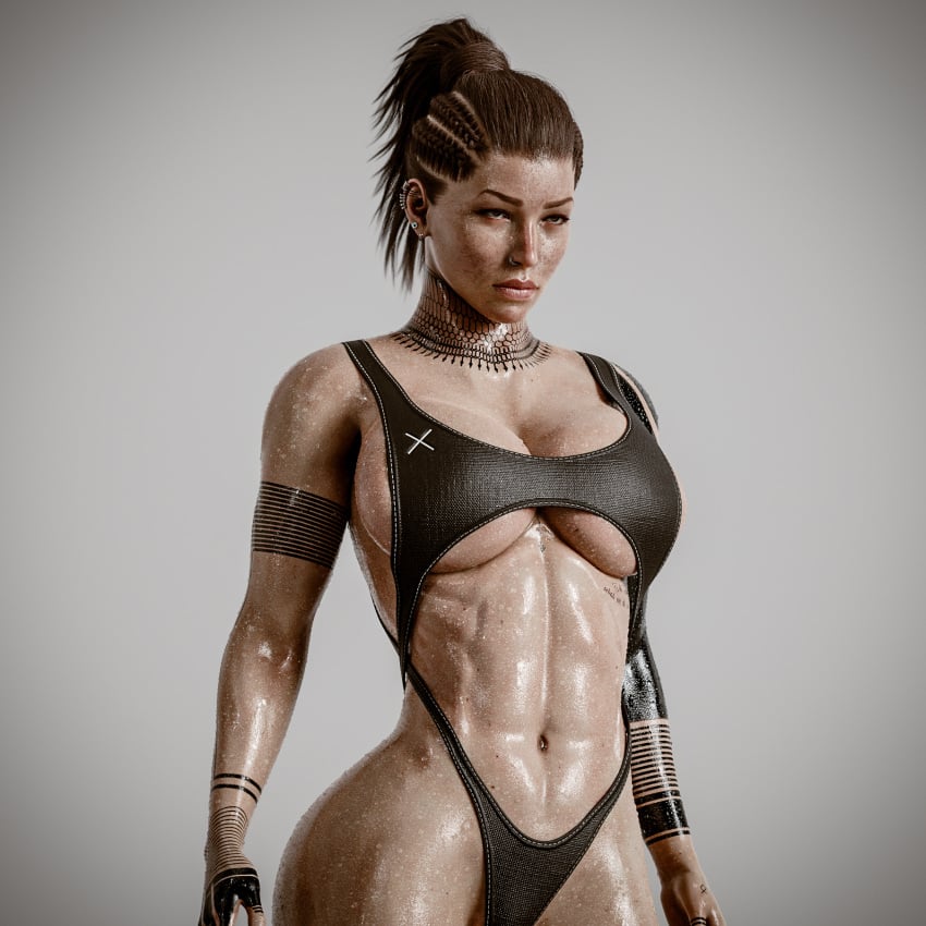 1girls 3d 3d_(artwork) abs ass breasts brown_eyes brown_hair cleavage hips kisxsfm lara_croft lara_croft_(survivor) large_breasts muscular_female simple_background swimsuit tattoo thick_thighs thighs tomb_raider tummy wide_hips