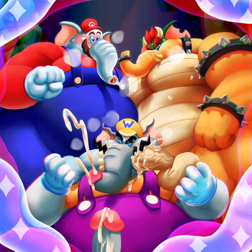 3boys anthro balls belly blazingcheecks bodily_fluids boner bowser clothed clothed_sex clothing cum cum_from_nose cum_in_mouth cum_inside cum_on_face elephant elephant_bowser elephant_mario elephant_wario elephantid erection facial_hair fellatio gay genital_fluids genitals group group_sex hi_res male male/male male_only mammal mario mario_(series) moustache nintendo oral overweight penile penis proboscidean sex super_mario_bros. super_mario_bros._wonder threesome trio wario