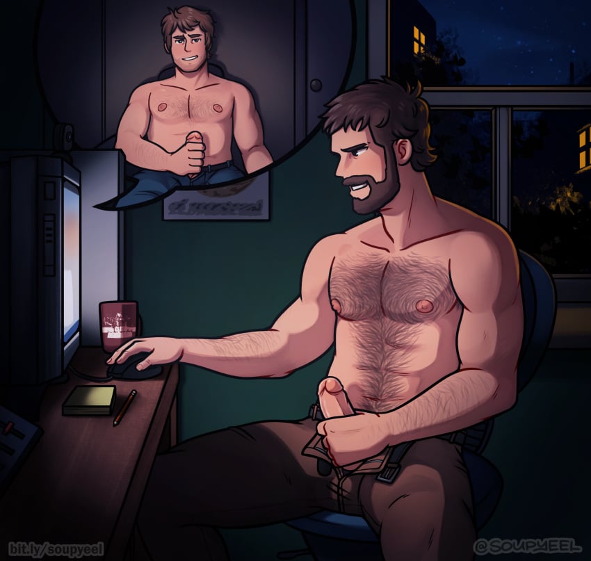 2boys bara body_hair chest_hair computer facial_hair gay hairy joseph_(scott_pilgrim) looking_at_computer male male_only masturbation pants_unzipped scott_pilgrim shirtless soupyeel stephen_stills video_call yaoi