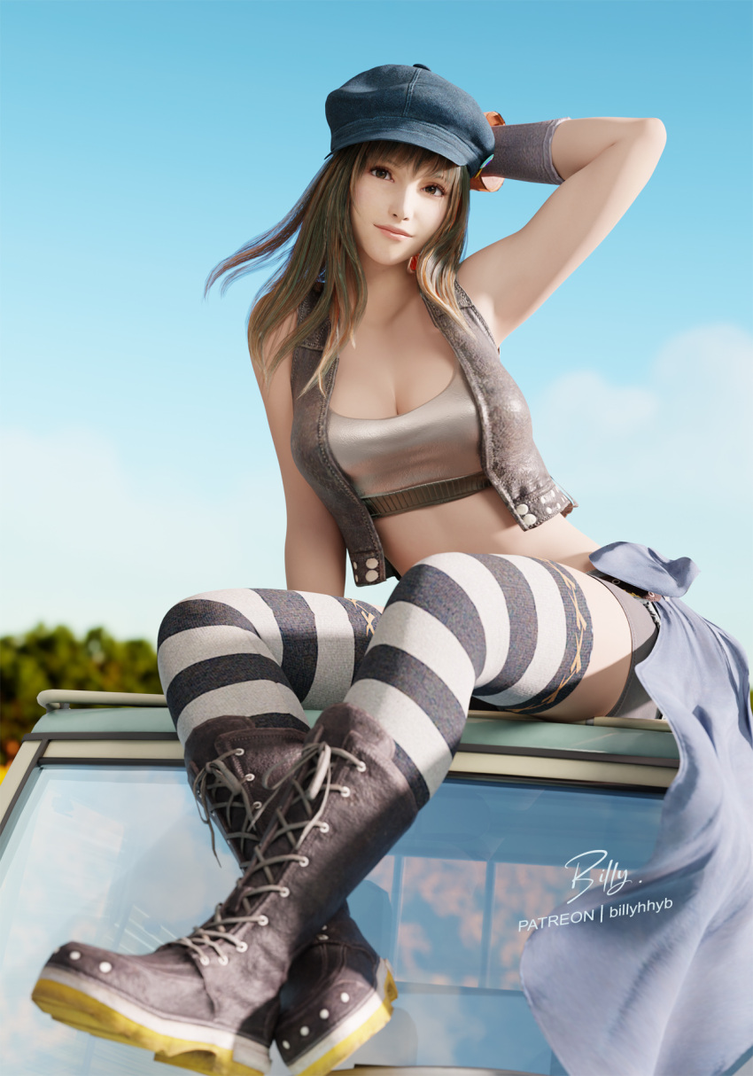 1girls 3d 3d_(artwork) asian_female billyhhyb black_hair boots brown_eyes cleavage crop_top exposed_midriff final_fantasy final_fantasy_vii final_fantasy_vii_remake kyrie_canaan leggings long_hair looking_at_viewer midriff newsboy_cap pale-skinned_female pale_skin sfw sitting