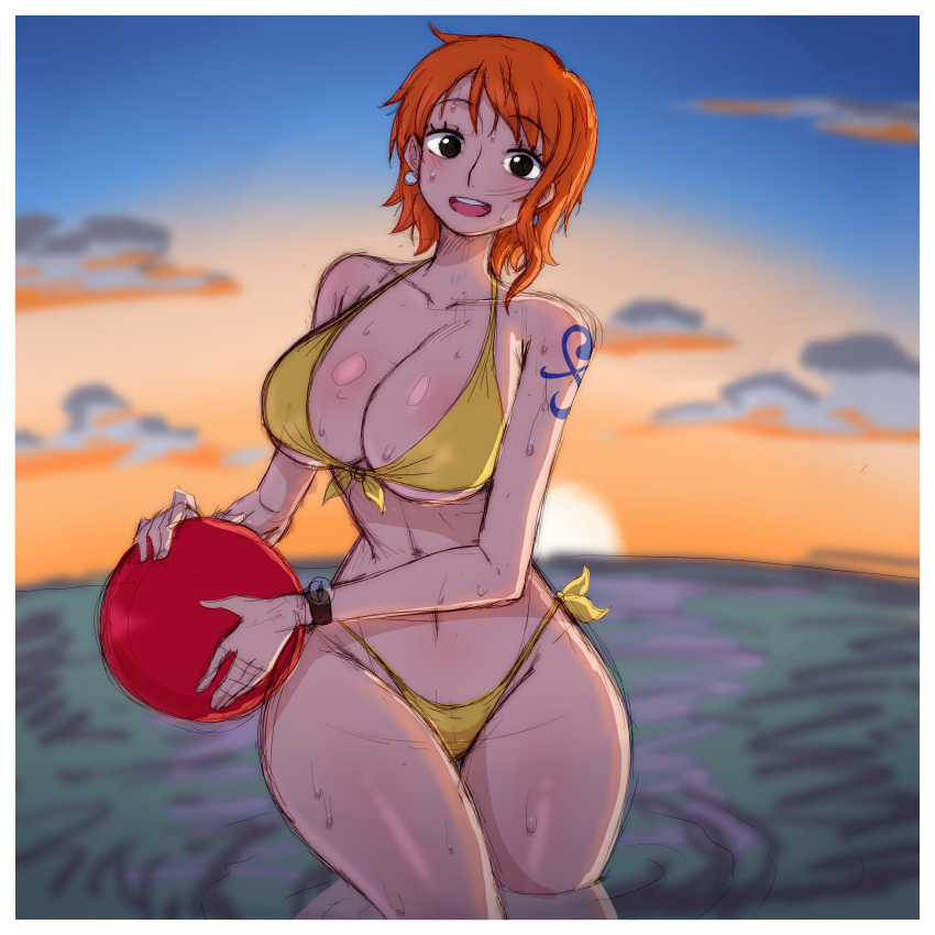 1girls beach beach_ball belly_button big_breasts bikini bikini_bottom bikini_top cleavage curvy female female_only large_breasts nami navel one_piece orange_hair pre-timeskip pre_timeskip redhead short_hair simmsy solo sun thick_thighs water wet wet_body wide_hips