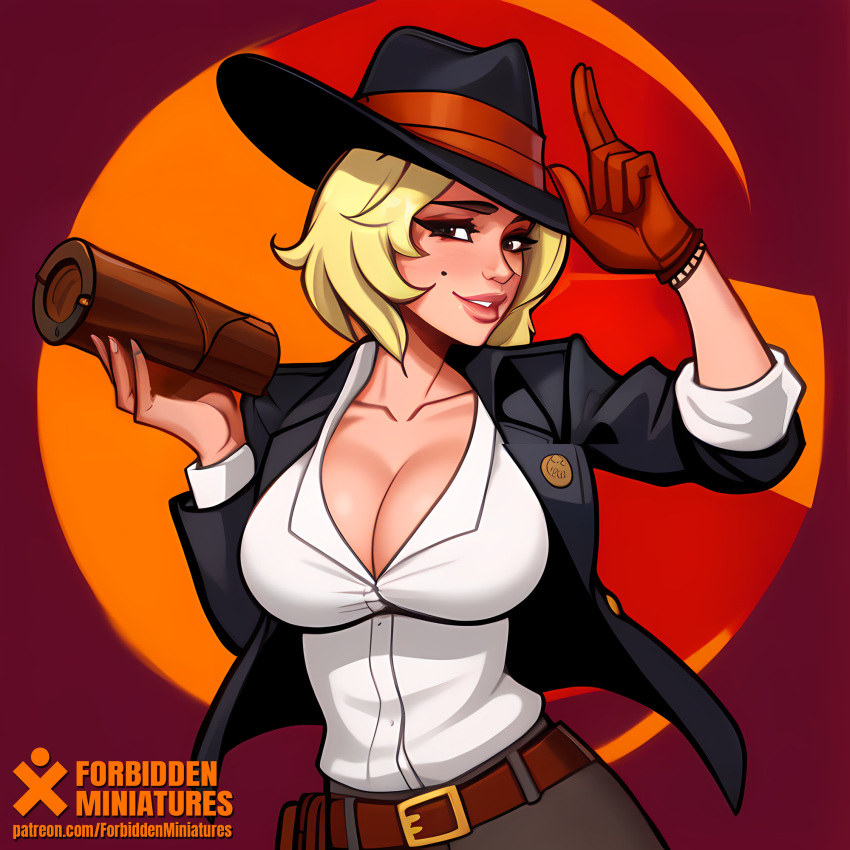 1girls 2d_(artwork) ai_generated beauty_mark belt blonde_hair breasts concept concept_art cow_girl cowboy_hat cowgirl digital_art excited female forbiddenminiatures glove gloves hat indiana_jones_(series) jacket looking_at_viewer patreon patreon_exclusive patreon_reward scroll seductive self_upload shirt shirt_open short_hair