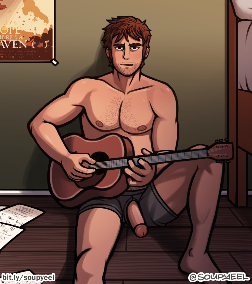 body_hair chest_hair facial_hair gay guitar hairy_chest holding_object looking_at_viewer male_only penis_out scott_pilgrim solo solo_male soupyeel stephen_stills underwear_only