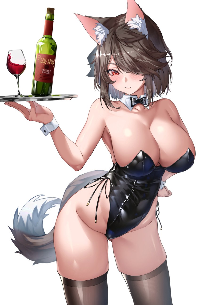 1girls amber_eyes big_breasts blush breasts brown_hair bunnysuit female_only hand_on_hip holding_tray huge_breasts light-skinned_female medium_hair rag76 thighhighs waitress wine wine_bottle wine_glass wolf_ears wolf_girl wolf_tail