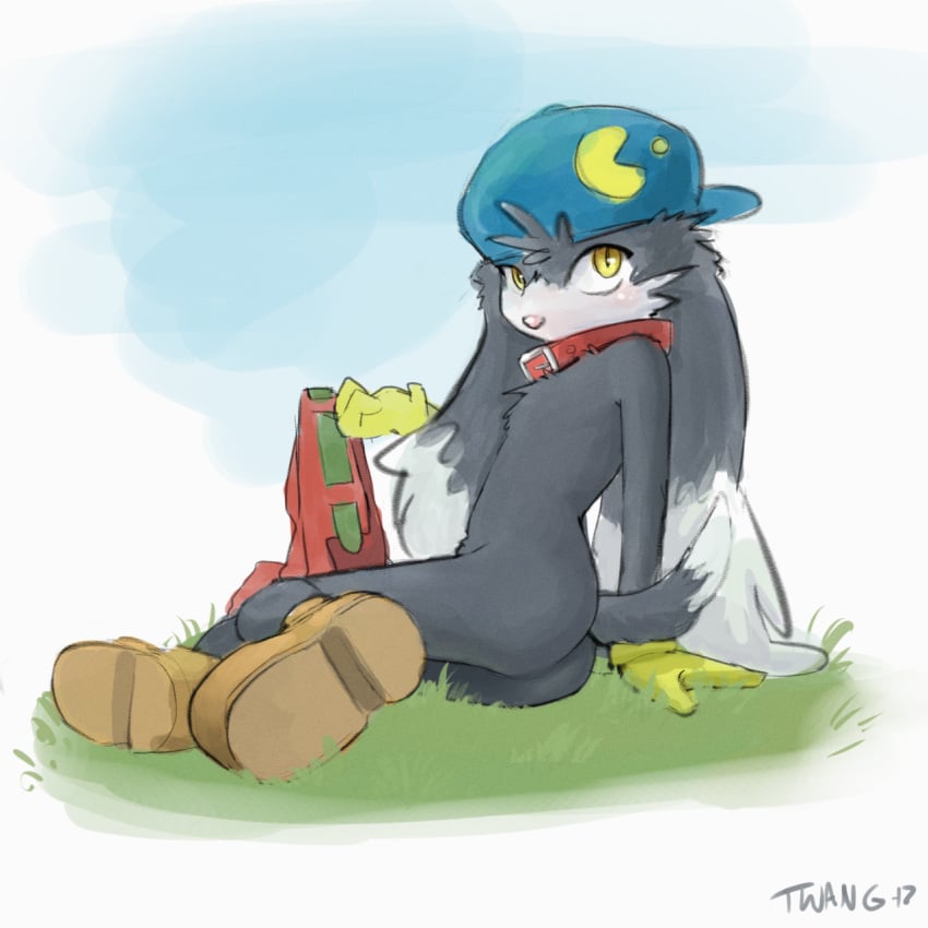 1boy anthro ass blush collar holding_pants klonoa klonoa_(series) looking_at_viewer male male_only nude pac-man pants shoes solo solo_male twang