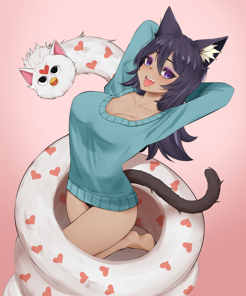 1girls arms_behind_head artselmetti_(lewdselmetti) big_breasts black_hair cat_ears cat_tail catgirl furby huge_breasts large_breasts looking_at_viewer neko pinup purple_eyes solo_female streamer thatspookynekogirl twitch virtual_youtuber vtuber