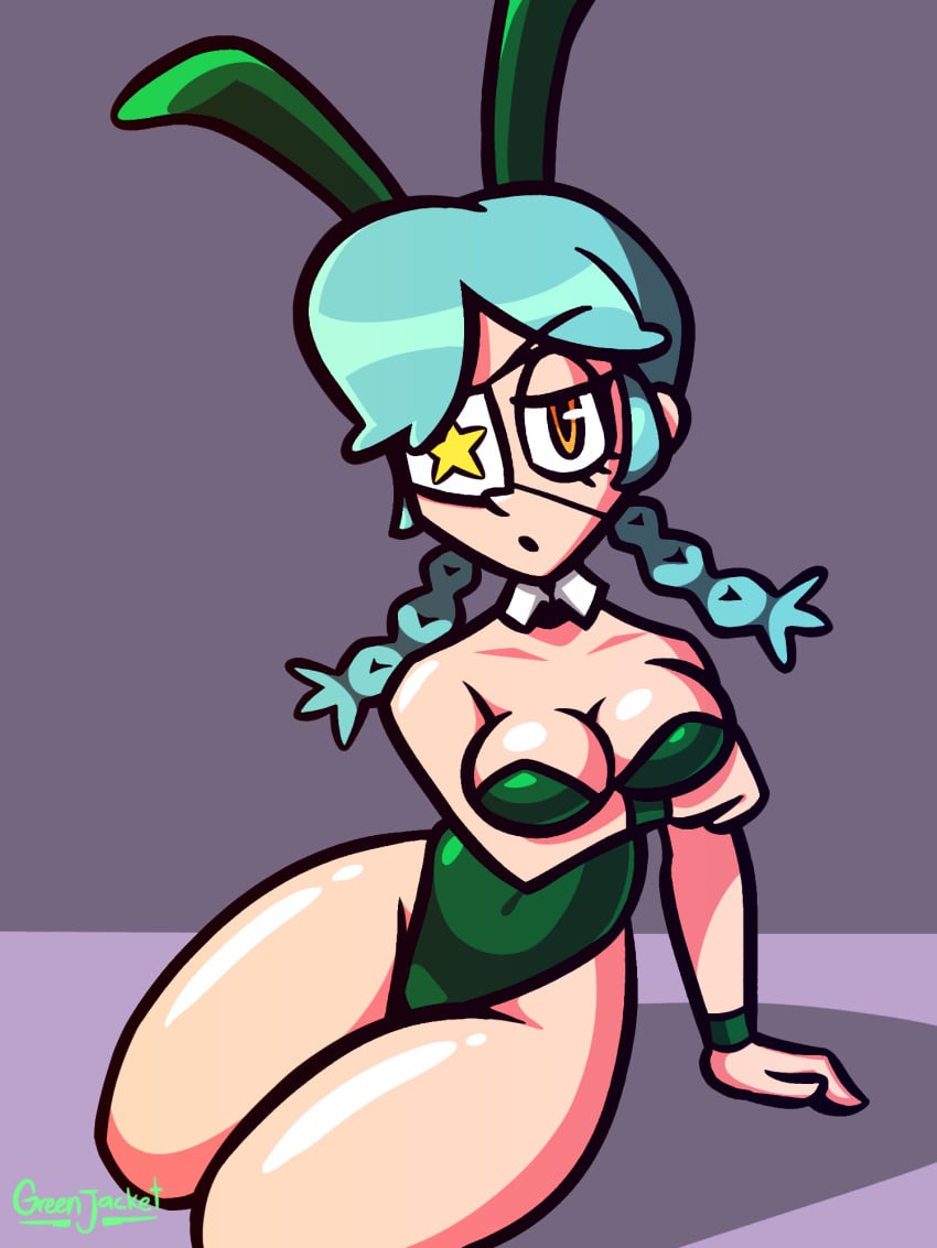 annie_(skullgirls) big_breasts bunny_ears bunnysuit eyepatch female female female_only green_hair green_jacket_(artist) looking_at_viewer skullgirls solo solo_female thick_thighs