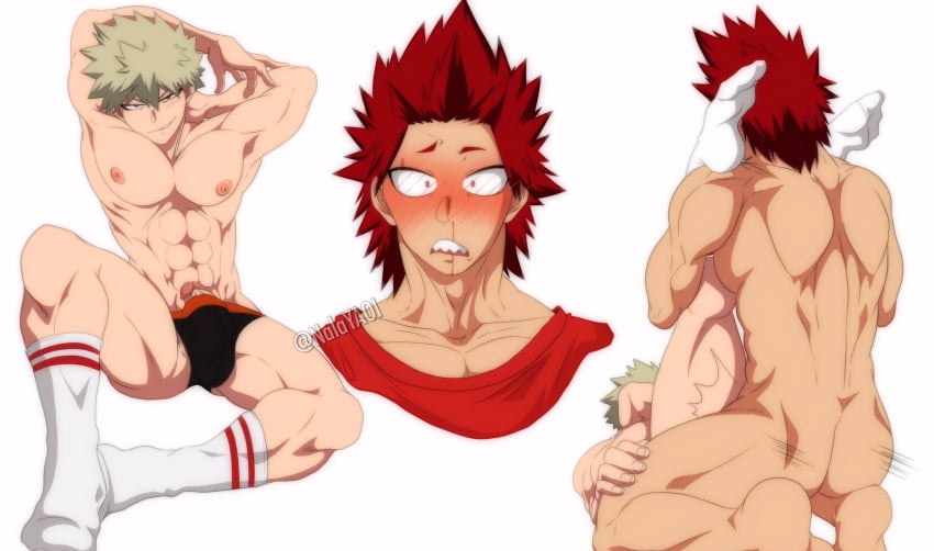 2boys abs blush eijirou_kirishima erect_penis erection gay katsuki_bakugou male male/male male_only muscles muscular muscular_male my_hero_academia nalayaoi nipples nose_bleed red_clothes red_eyes red_hair socks surprised teenager underwear yaoi young