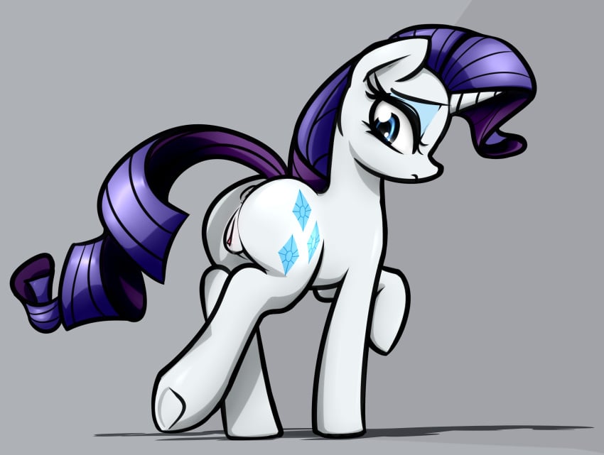 2017 absurd_res anus ass blue_eyes blue_eyeshadow cutie_mark digital_drawing_(artwork) digital_media_(artwork) equid equine eyelashes eyeshadow female feral friendship_is_magic genitals grey_background hair hasbro hi_res hooves horn jetwave looking_back looking_back_at_self looking_down_at_self makeup mammal my_little_pony purple_hair purple_tail pussy quadruped raised_tail rarity_(mlp) rear_view simple_background solo tail underhoof unicorn white_body